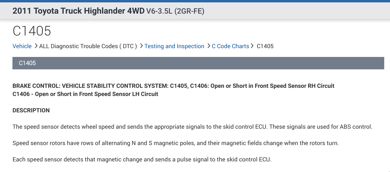 Codes C1405 and C4105, ABS Speed Wheel Sensor